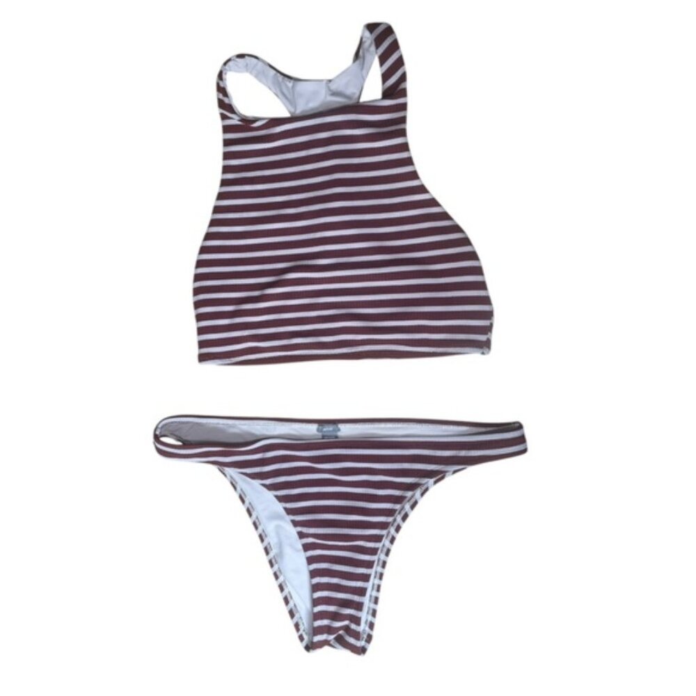 Aerie Large Swimsuit 2 Piece Bikini Stripe White Red Longline Halter Neck Top Pc